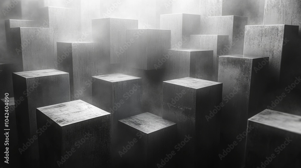 Leinwandbilder An arrangement of varying-sized concrete blocks emerges from a foggy background, creating a mysterious and surreal atmosphere. The soft morning light enhances the abstract quality of the scene.