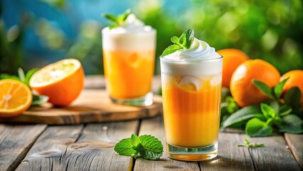 Fototapeta premium Refreshing orange juice with mint and cream on multicolor background perfect for summer