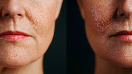 Fototapeta premium Before-and-after facelift results, focusing on smoother skin texture and lifted facial features, split-screen, Digital Rendering, Natural Lighting