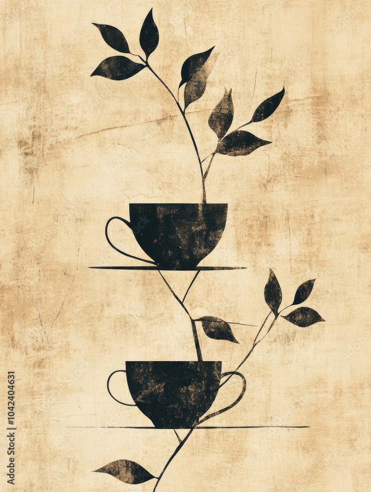 Poster a stylized representation of tea cups intertwined with flowing leaves, creating a tranquil and elega