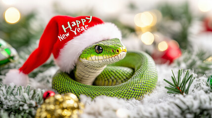Green snake in christmas hat. New year 2025