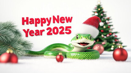 Green snake in a Santa Claus hat against the background of a Christmas tree