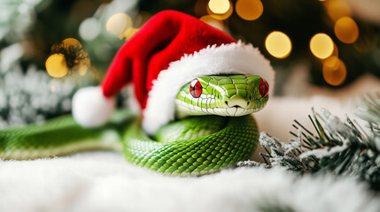 Green snake in a christmas hat