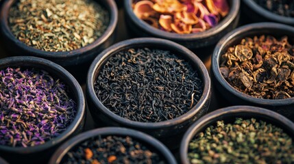 Various dried herbs and flowers in bowls at a market