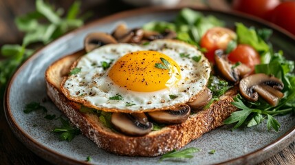 A delicious plate of gourmet toast topped with a fried egg, sauteed mushrooms, and fresh salad, perfect for a hearty breakfast or brunch.
