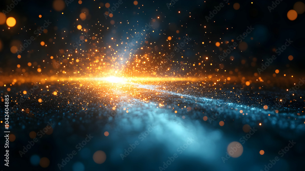 Poster a vibrant display of light and particles in a cosmic setting.
