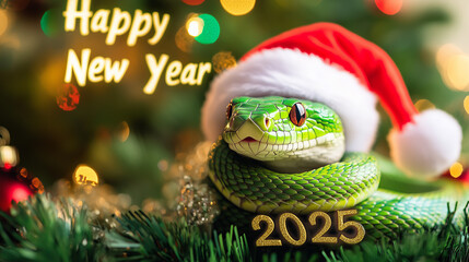 Happy new year 2025. green snake in Santa Claus hat