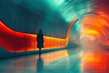 A lone figure walks through a futuristic tunnel with vibrant orange and yellow lighting.