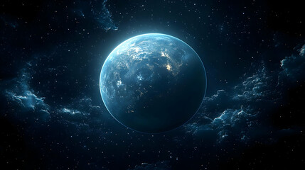 Obraz premium A serene view of a blue planet surrounded by cosmic clouds.