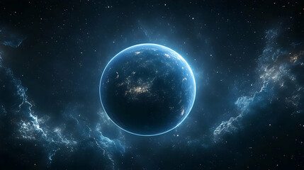A glowing planet surrounded by cosmic clouds and stars.