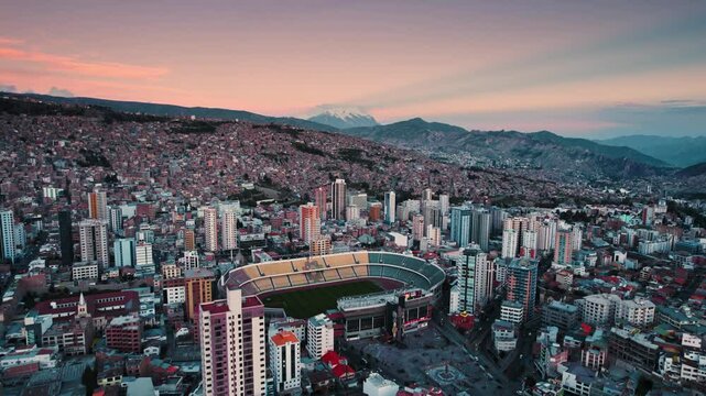 Aerial View of La Paz Cityscape with Illimani at Sunset - La Paz, Bolivia