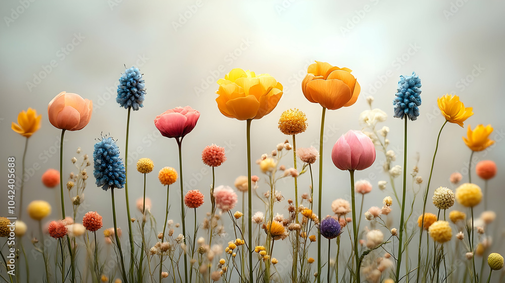 Wall mural A vibrant field of colorful flowers in soft focus.