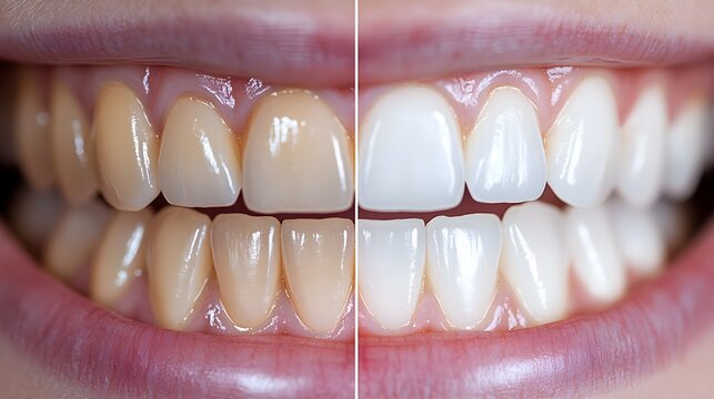 Visual blog post on teeth whitening success, featuring close-up photos comparing yellowish teeth before and a vibrant white smile after the procedure