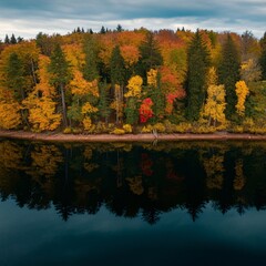 Fototapeta premium Calm lake reflecting a colorful autumn forest