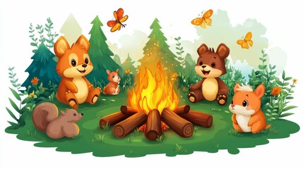 Naklejka premium Illustration for a campfire surrounded by talking animals