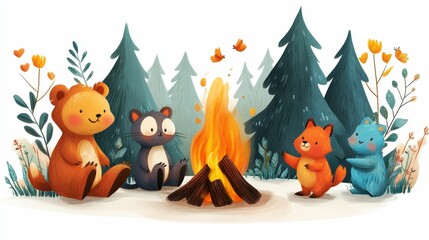 Fototapeta premium Illustration for a campfire surrounded by talking animals
