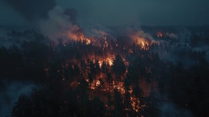 Obraz premium A dense forest fire burns intensely, casting a mystical glow with embers and flames through the darkened woods, showcasing nature's fury.