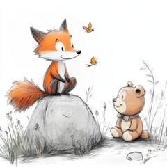 A cute fox sits on a rock looking at a teddy bear with butterflies flying above.