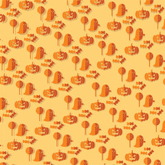 Halloween ghost, pumpkin, and candy spooky pattern, Vector