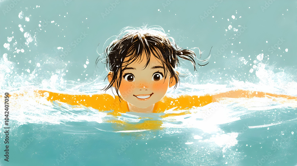 Poster A joyful child swimming in water, showcasing happiness and freedom.