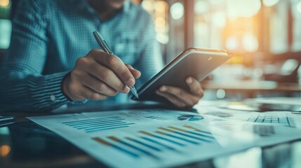 Businessman analyzing charts and data on a tablet