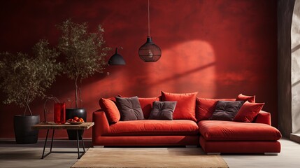 Obraz premium This contemporary living room features a red modular sofa against a brown stucco wall, adding a striking focal point to the space.
