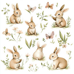 A delightful set of watercolor bunnies, showing them playing and interacting with butterflies and flowers. The hand-drawn rabbits are in soft pastel tones, creating an adorable clipart collection on a