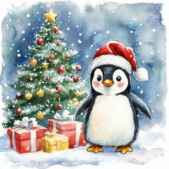 A festive Christmas penguin in a Santa hat, next to a decorated Christmas tree with gifts. Watercolor painting that captures the joy of the holiday season, ideal for Christmas and New Year designs.