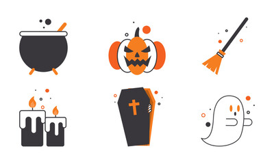 Halloween icons set with cauldron, pumpkin, ghost, Vector