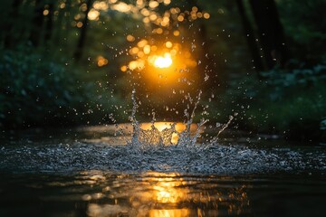 Fototapeta premium Water Droplet Splashing in a Forest Stream at Sunset
