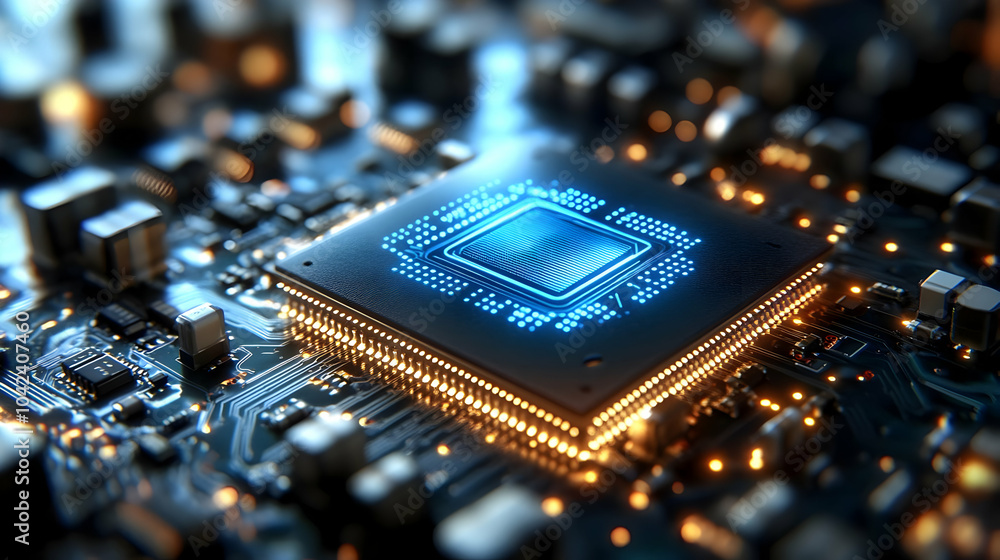 Poster close-up of a microchip on a circuit board, showcasing technology.