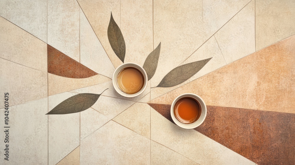 Aufkleber two tea cups are surrounded by harmonious lines representing tea leaves, blending smoky and warm ear
