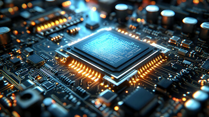 Close-up of a circuit board with a microchip and glowing components.
