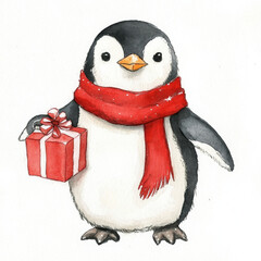 Fototapeta premium A festive watercolor illustration of a Christmas penguin wearing a red scarf and holding a tiny present. The hand-drawn penguin is set on a white background, making it ideal for holiday posters, cards