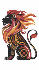 a stylized depiction of a sitting position silhouette of lion characterized by intricate tribal designs and vibrant shades of red and
orange with flowing lines