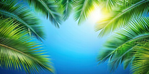 Fototapeta premium Refreshing summer design featuring palm tree leaves on a blue background with forced perspective