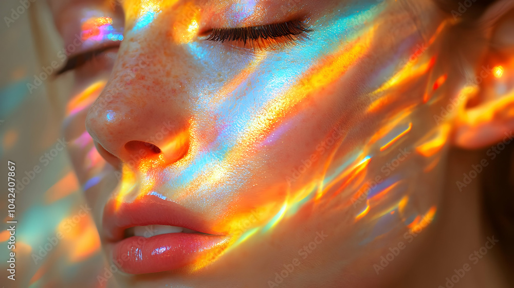 Poster close-up of a face illuminated by colorful light patterns.
