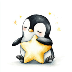 A little penguin embracing a bright star, sitting on an isolated white background. Watercolor hand-drawn illustration, perfect for children's room designs and playful posters.