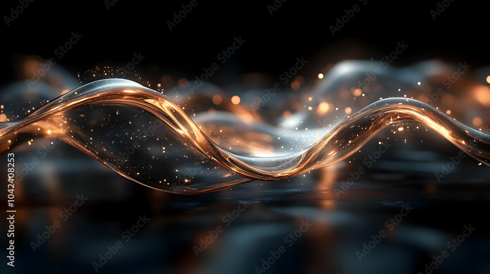 Poster Abstract flowing waves with glowing particles in a dark background.