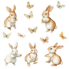 A playful watercolor illustration set of cute bunnies jumping, running, and playing with butterflies. The hand-painted rabbits are depicted in soft pastel colors, isolated on a white background,