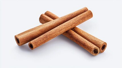 Detailed shot of two cinnamon sticks side by side, their textured surface contrasting against a bright white background, soft natural shadows