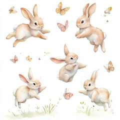 A playful watercolor illustration set of cute bunnies jumping, running, and playing with butterflies. The hand-painted rabbits are depicted in soft pastel colors, isolated on a white background,