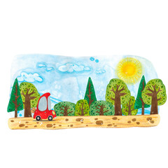 Fototapeta premium Watercolor composition. Hand drawn illustration. A red car drives along the road in summer among mountains, green hills.