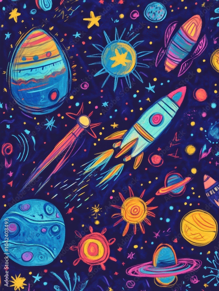 Poster this artwork showcases a vibrant collection of cosmic-themed doodles filled with planets, rockets, s