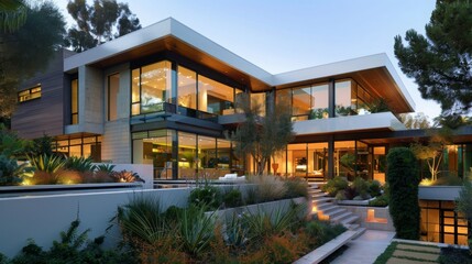 Fototapeta premium Modern house with large windows overlooking a landscaped backyard. The house has a contemporary design with sleek lines and a minimalist aesthetic.