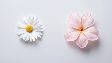 Obraz premium Isolated close-up of a daisy alongside a pink plumeria, on a white background, perfect for natural beauty product ads, delicate and fresh floral look