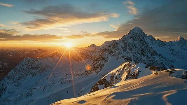 Colorful golden sunset in snowy mountains in winter above mist clouds. Mountains in winter.
