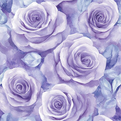 Seamless pattern of delicate lavender roses, hand-painted in watercolor. The soft purple hues of the roses create a romantic and ethereal floral design, ideal for wedding invitations, wallpaper, or