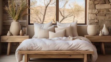 Fototapeta premium Enhance your farmhouse bedroom with a rustic bedside cabinet and cozy beige pillows for a warm ambiance.