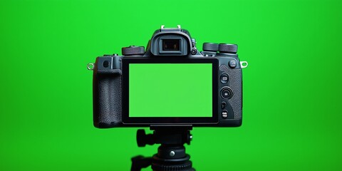 A DSLR camera, mounted on a tripod, stands poised before a vibrant green screen
